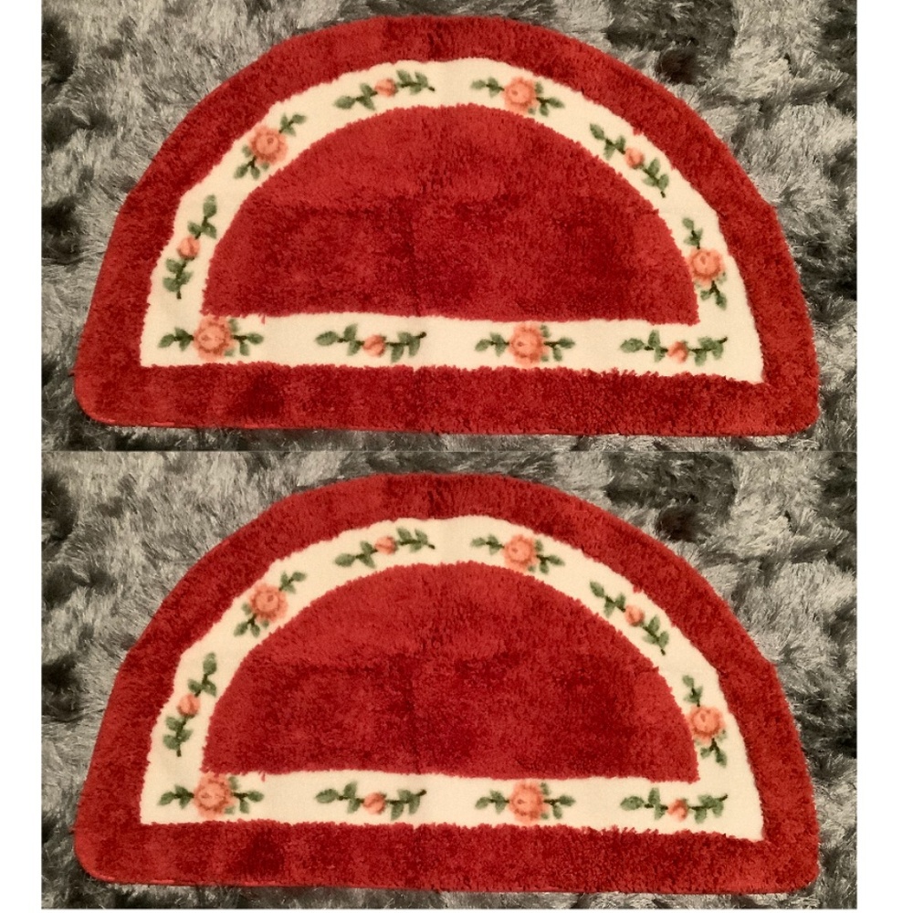 New in bags, 2 red half circle bath/kitchen plush rugs with rubber backs
